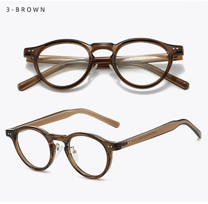 Detail of brown TR90 round frame glasses showing the bridge and temple specifications
