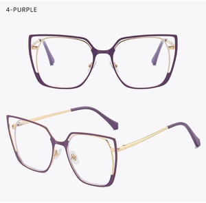 Detailed views of purple and gold cat eye glasses frames with metal temples