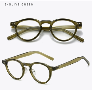 Detail view of olive green TR90 round frame glasses showing hinge and temple specs
