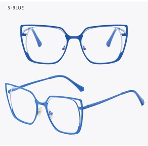 Detail of blue cat eye metal frames with reinforced hinges and slim temple design