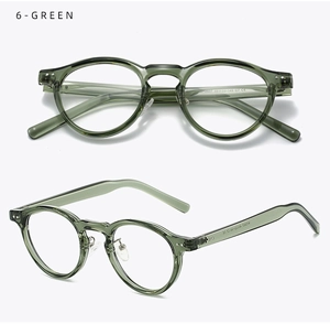 Detail view of olive green TR90 round frame glasses with metallic hinge and specs