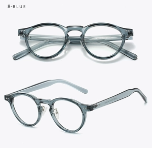 Dual view of transparent grey-blue TR90 round frames with model number 72507 and CE mark