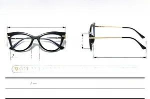 Detaillierte Maße für Cat-Eye Blaulichtfilter Brille mit Gold-Metallgestell