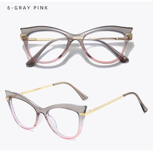 Detailansicht der Katzenaugen-Brille in Grau-Rosa Verlauf mit goldenen Metallbügeln
