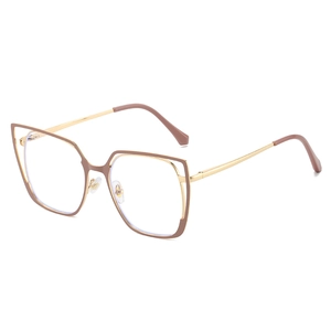 Modern cat eye blue light blocking glasses with gold metal frames and brown accents