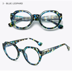 Détails des lunettes ovales rétro léopard bleu avec charnières dorées et monture en acétate