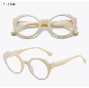 Détail de lunettes rondes beige montrant les plaquettes intégrées et le filtre bleu