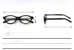 Detailed size chart of vintage cat eye TR90 glasses frames with precise dimensions