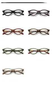 Detail showcasing seven color variations of retro oval cat-eye eyeglass frames