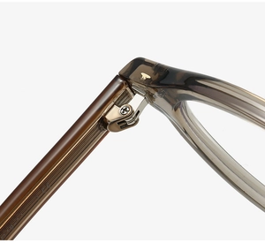 Macro detail of cat-eye eyewear showing metal hinges and gold triangle accents