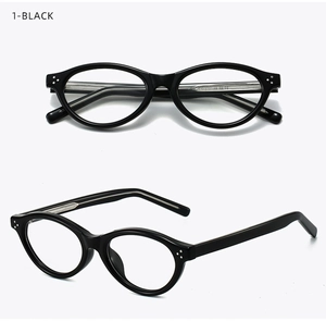 Detail view of glossy black oval frames with silver rivet accents and metal core temples