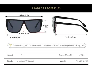 Size chart showing frame dimensions and PC material for unisex outdoor sports sunglasses