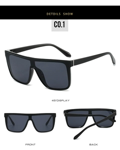 Flat top shield sunglasses shown in front, back, and 45-degree angle views on white background