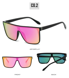 Detailed views of flat top oversized sunglasses with pink and orange gradient mirror lenses