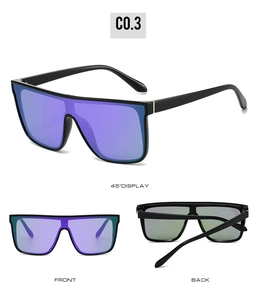 Three-angle view of oversized square cycling sunglasses with purple mirrored lenses
