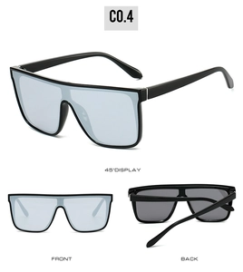 Three-view display of wrap-around shield sunglasses featuring side, front and back angles