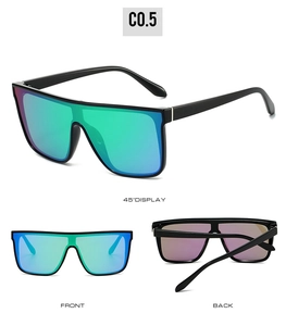 Three-angle views of large frame cycling sunglasses with blue-green gradient lenses