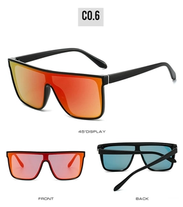 Multi-angle view of black oversized flat top sports sunglasses with mirrored lenses