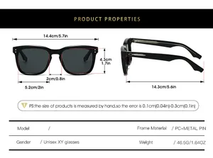 Tableau des tailles détaillé pour lunettes de soleil carrées avec mesures du cadre