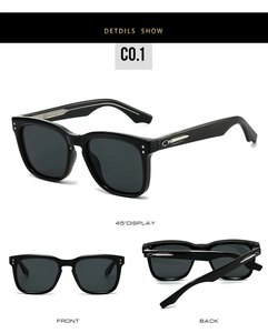 Vue détaillée en trois positions de lunettes noires carrées avec dague argentée latérale