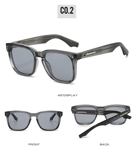 Détails de lunettes de soleil carrées gris transparent avec charnières en métal argenté
