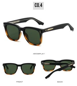 Trois vues de lunettes de soleil carrées avec monture noire et écaille et accents dorés