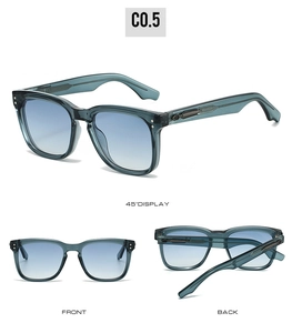 Trois vues de lunettes de soleil bleu foncé translucides avec verres dégradés et décor plume
