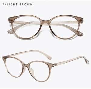 Detail of light brown TR90 eyeglass frame showing front and side views with clear texture