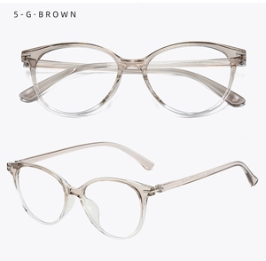 Detail view of transparent brown TR90 round glasses frame with durable metal hinges