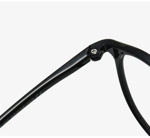 Detail view of durable metal hinge on black glossy eyewear frame with size specifications