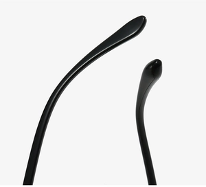Detailed close-up of glossy black polished temples on lightweight round eyewear frames