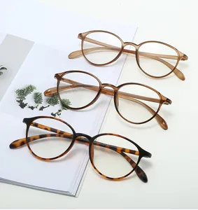 Three TR90 round frame glasses in tea, brown, and tortoise shell patterns on a clean backdrop