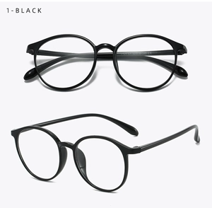 Detail view of classic black round glasses frame with integrated nose pads and CE markings