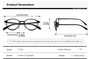 Detailed size chart of TR90 round glasses with frame dimensions and specifications