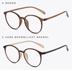 Detail view of round glasses frames in brown and sand brown resin finishes