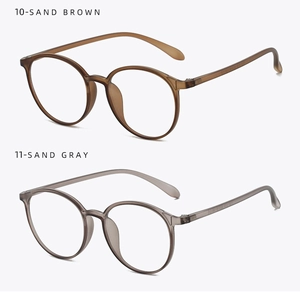 Detail view of round eyeglasses frames in Sand Brown and Sand Gray matte finishes