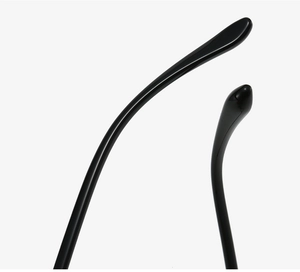Detailed macro view of the sleek black TR90 eyewear temple tips with smooth curves