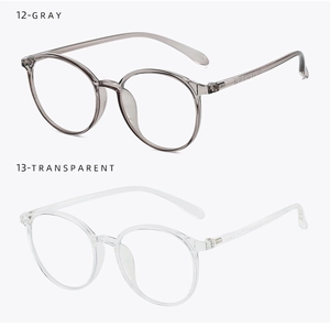 Round frame glasses in transparent and gray finishes with a vintage aesthetic