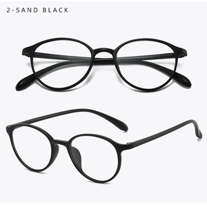 Detail view of round sand black TR90 glasses frame showing model specifications
