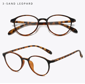 Detailed dual-view of retro TR90 round frame glasses in matte black and sand leopard