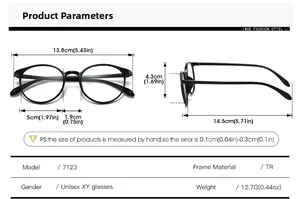 Detailed size chart for unisex TR lightweight round frame anti-blue light glasses