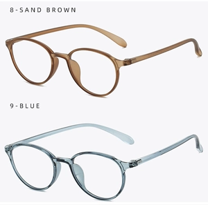 Detail view of ultra-lightweight round TR90 frames in sand brown and blue colors