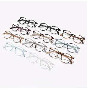 Matrix display of vintage round glasses frames in various colors including tortoiseshell and blue