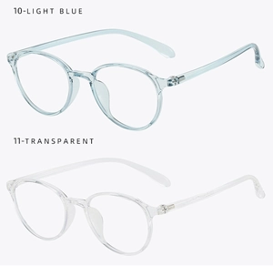 Detail view of round TR90 glasses frames in transparent and light blue colors
