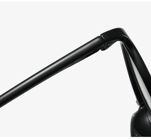 Detailed macro view of the glossy black frame hinge and temple of these stylish glasses