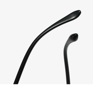 Close-up of black glossy eyeglass temples with ergonomic curved ear hooks detail