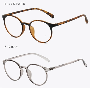 Detail view of round leopard print and transparent gray minimalist eyewear frames