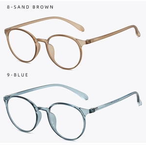 Detail view of round retro eyewear in sand brown and blue showing integrated nose pads