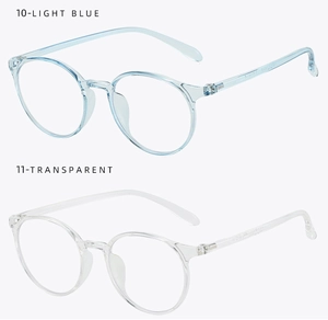 Detail view of transparent resin round glasses frames in light blue and clear finish
