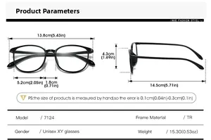 Detailed size chart for retro TR blue light glasses showing 13.8cm width and 15.3g weight